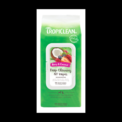 Pacote de lenços húmidos TropiClean Berry & Coconut para limpeza profunda de animais