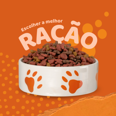 Taça branca com ração para animais e texto 'Escolher a melhor RAÇÃO' em fundo laranja