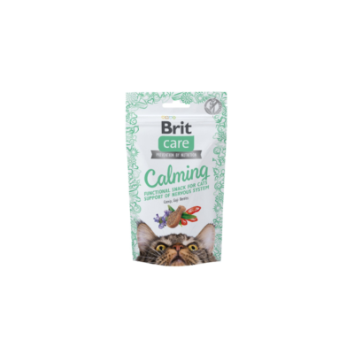 Embalagem de snacks Brit Care Calming para gatos com design verde e branco e imagem de gato