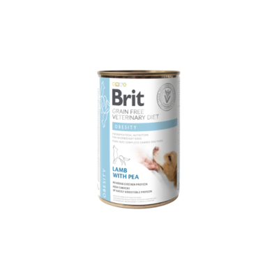 Lata de comida para cães Brit Grain Free Veterinary Diet Obesity sabor cordeiro com ervilha