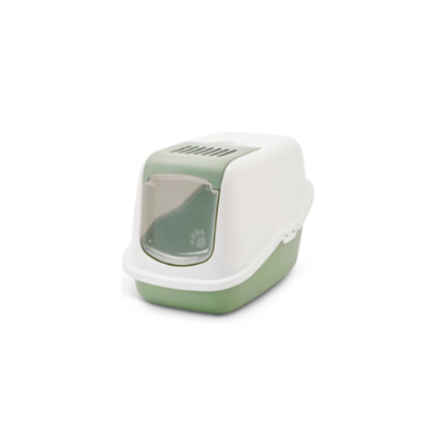 Casa de banho para gatos em plástico branco e verde com porta transparente e ventilação.
