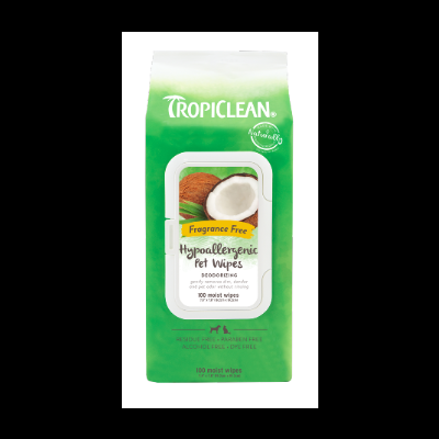 Pacote verde e branco de lenços húmidos para animais com imagem de coco