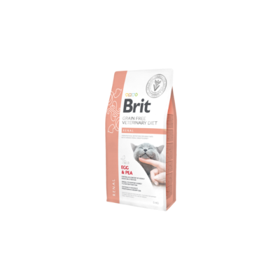 Pacote de ração para gatos Brit Grain Free Veterinary Diet renal, branco e salmão.
