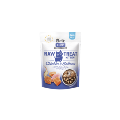 Saco de snacks para gato Brit Care RAW TREAT KITTEN Chicken & Salmon branco e azul