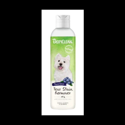 Frasco de removedor de manchas para cães TropiClean com imagem de cão branco e uvas