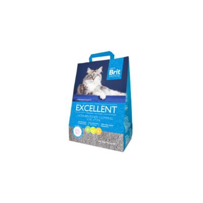 Saco azul de areia para gatos Brit Premium Cat Litter Excellent com imagem de gato cinzento e branco