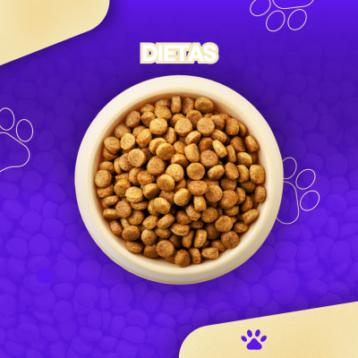 Ração para animais em doseira branca sobre fundo roxo com texto DIETAS