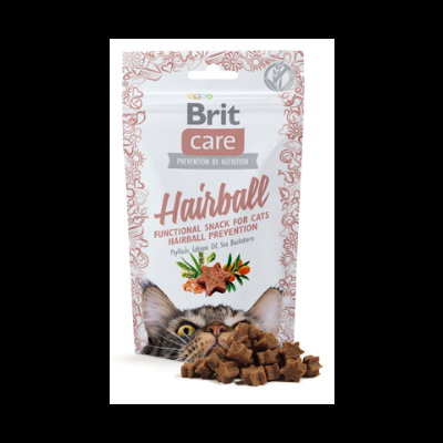 Pacote branco de snacks para gatos Brit care Hairball com pedaços de snacks e imagem de gato