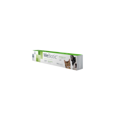Embalagem do produto WeBiotic com imagem de gato e texto em verde e branco