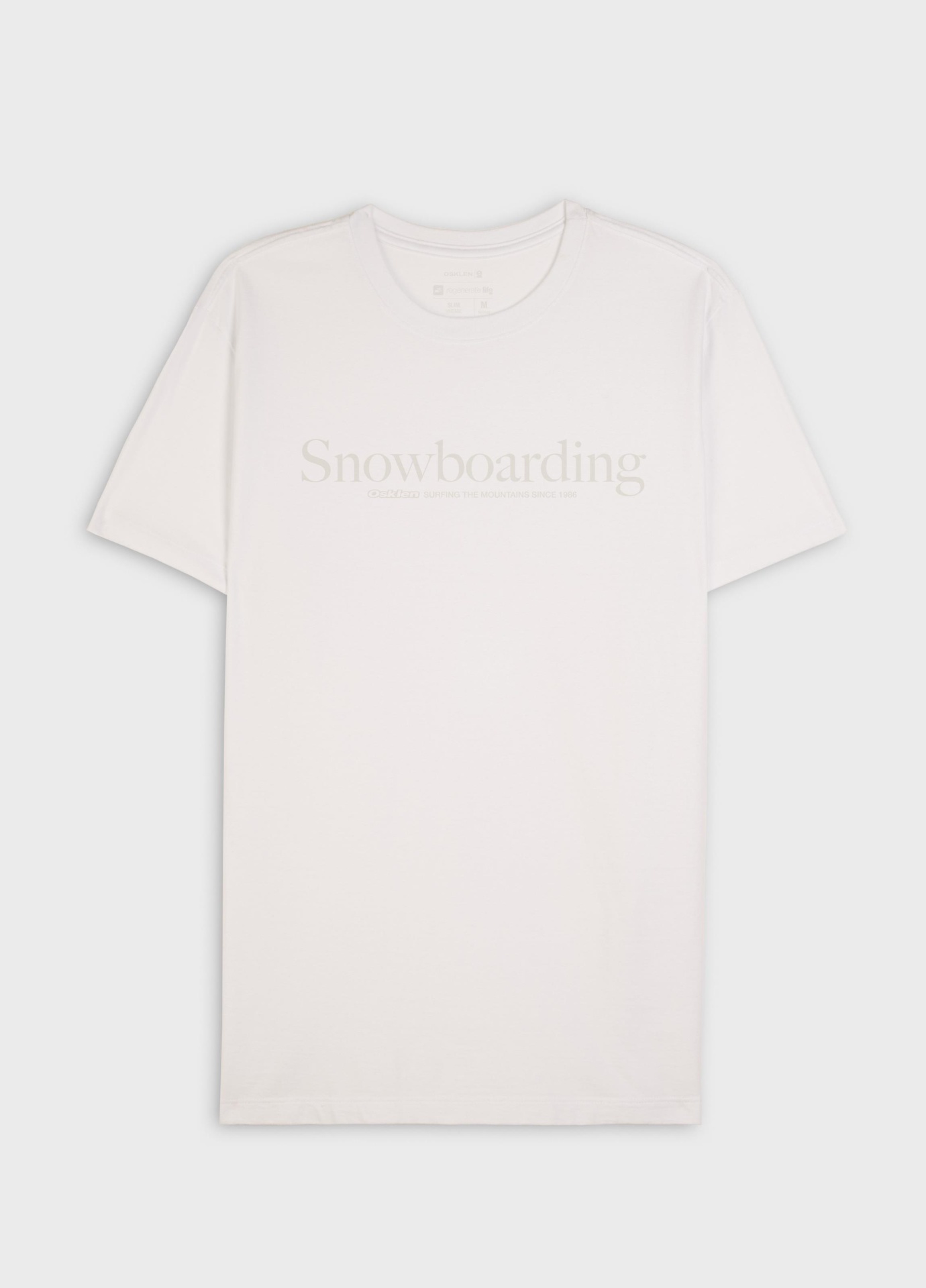 T-shirt branca de algodão com texto 'Snowboarding' cinzento claro