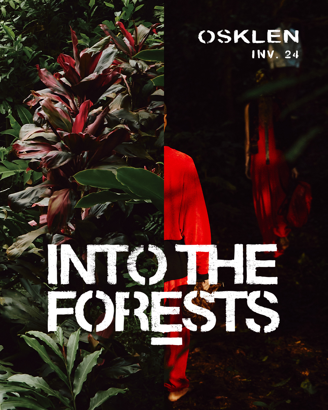 Pessoa vestida de vermelho na floresta com plantas verdes e vermelhas e texto 'INTO THE FORESTS'