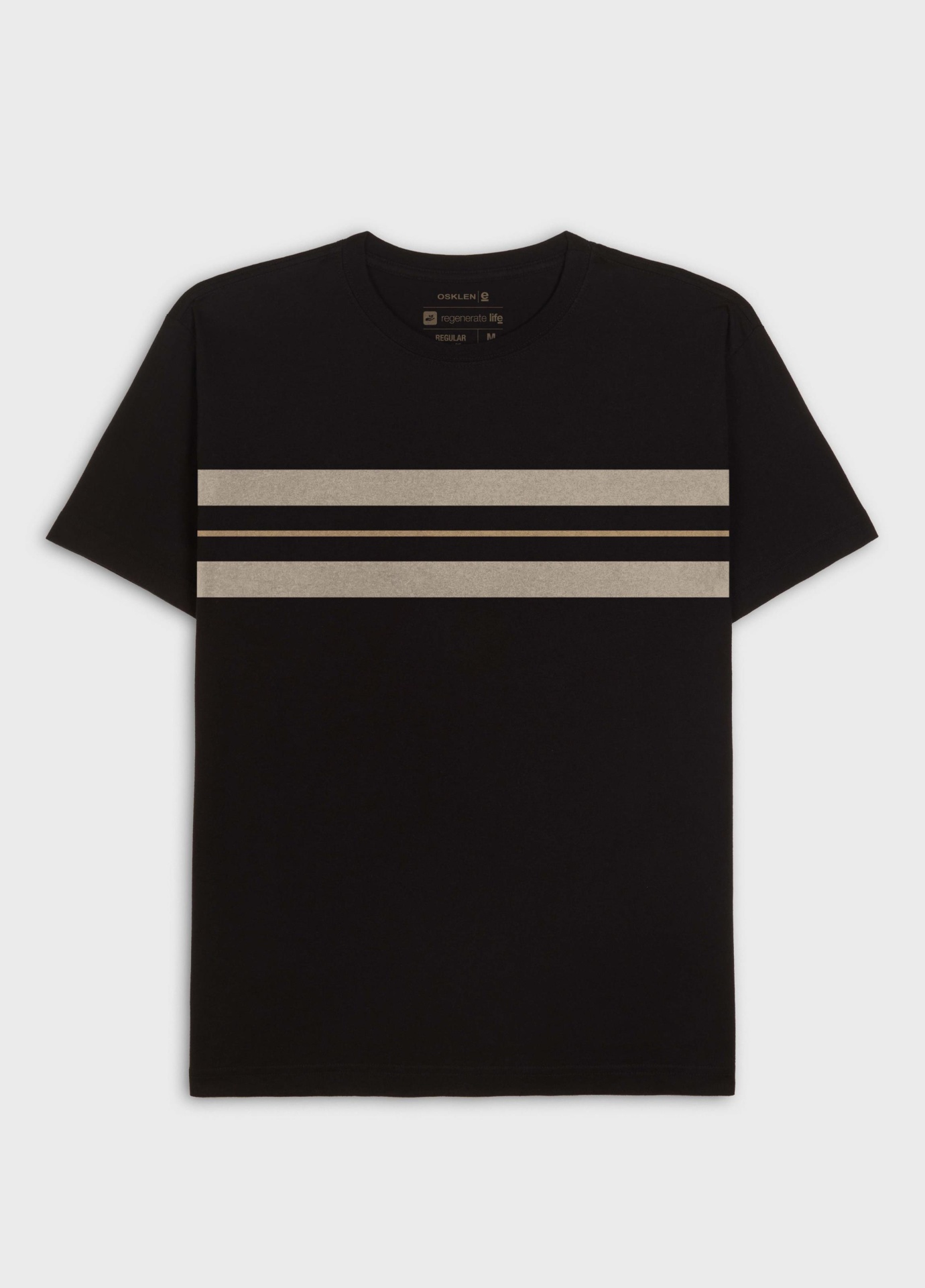 T-shirt preta com faixas horizontais cinza e pretas