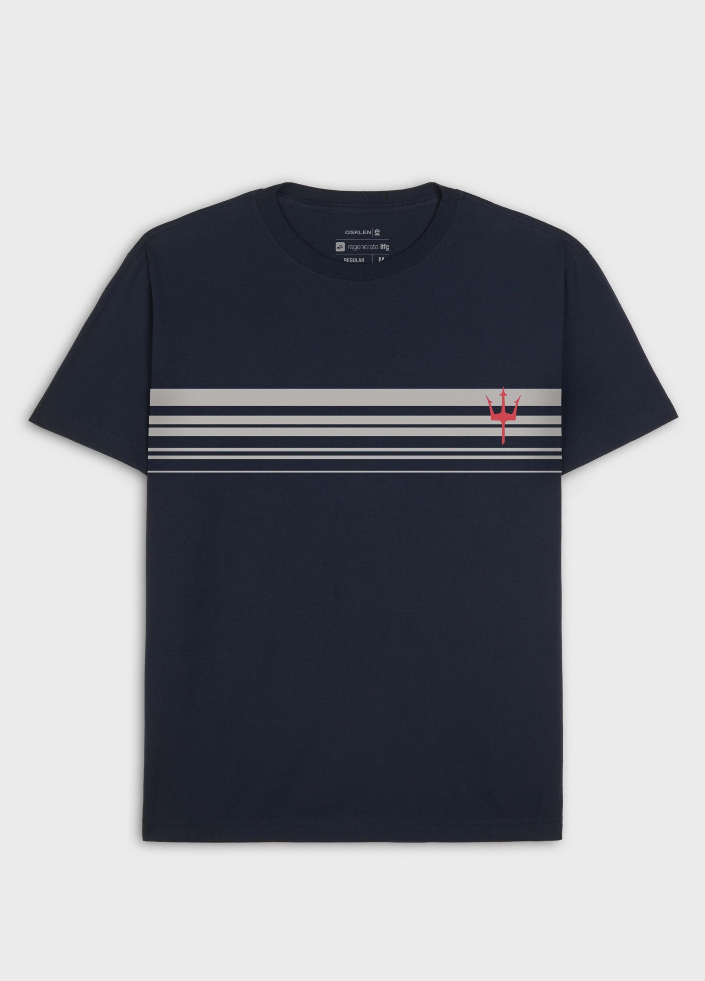 Camisola azul escura com faixas cinzentas e símbolo de tridente vermelho no peito