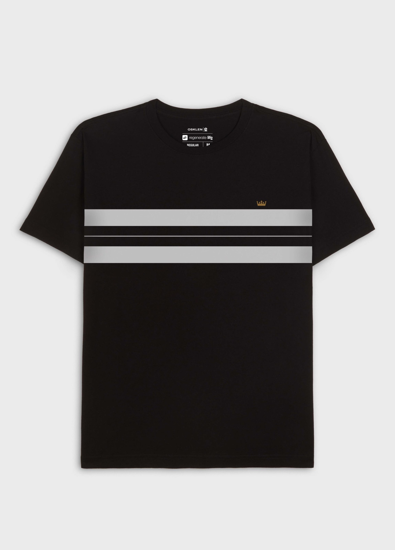 T-shirt preta com faixas horizontais cinzentas e símbolo de coroa dourada.