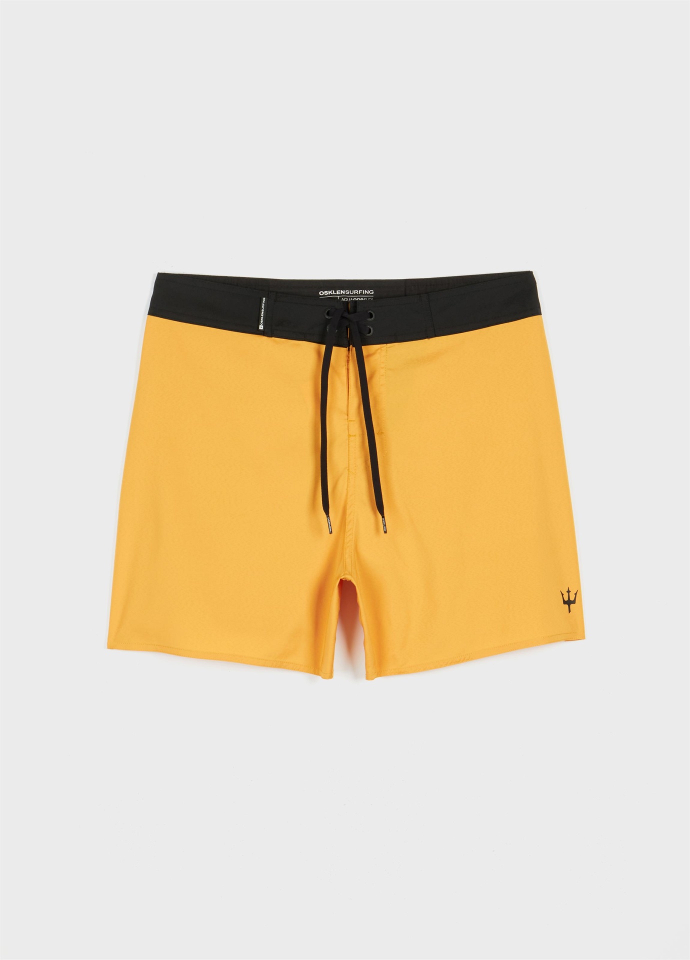 Bermuda Surf Aquaone Flex Hidra Light Osklen Calções de banho amarelos com cós preto e cordão preto para ajuste