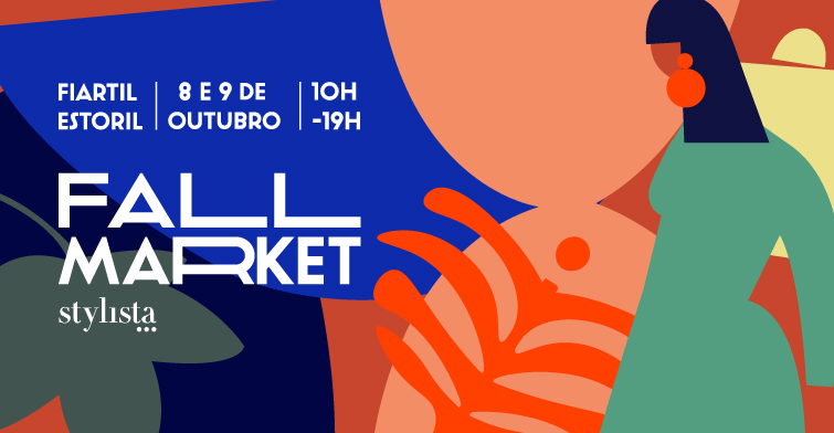 Cartaz colorido abstrato com texto sobre evento Fall Market no Fiartil Estoril em outubro