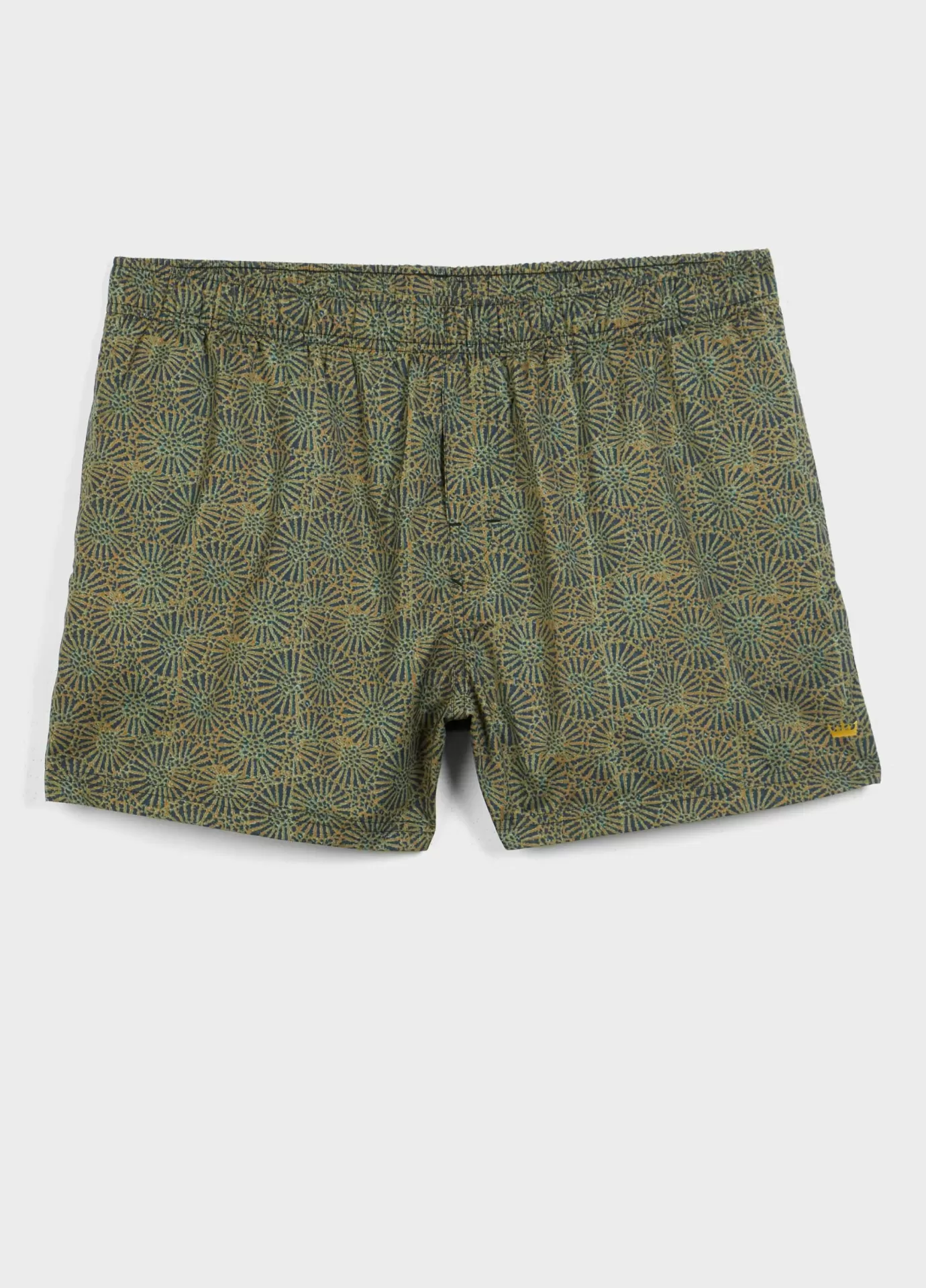 Cuecas boxers com padrão geométrico verde e castanho