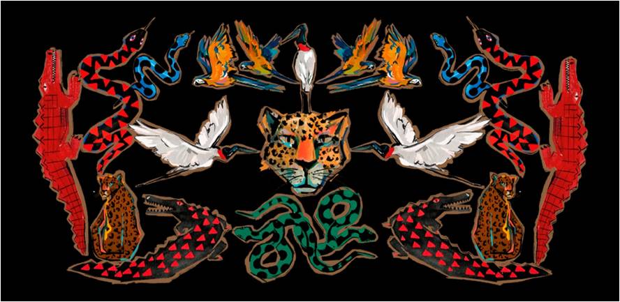 Ilustrações simétricas de onça, crocodilos, cobras, pombos e pássaros em fundo preto