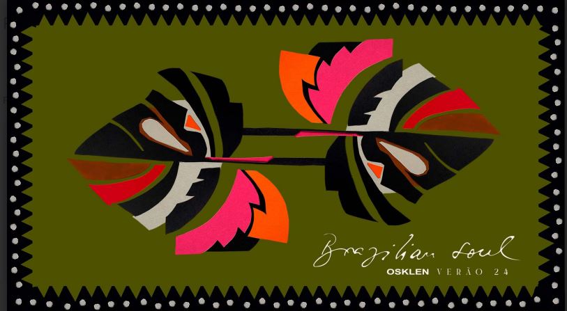 Ilustração gráfica de folhas coloridas sobre fundo verde-oliva com texto 'Brazilian soul OSKLEN VERÃO 24'