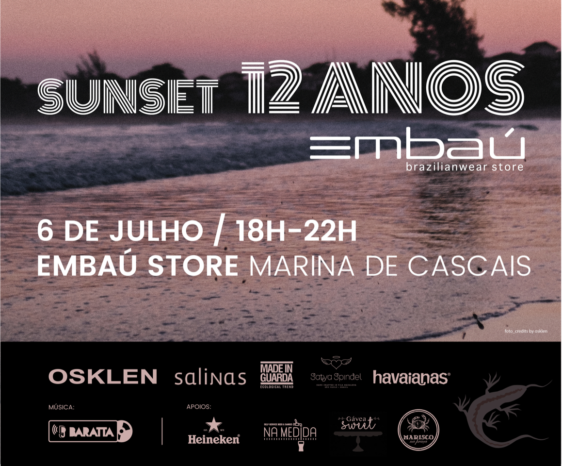 Pôr do sol na praia com texto promocional sobreposto