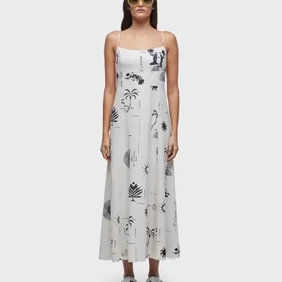 Vestido comprido branco com padrões pretos e alças finas