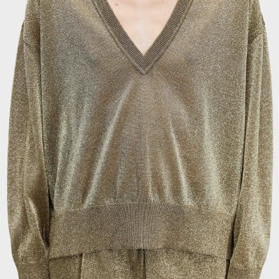 Camisola de malha dourada brilhante com decote em V