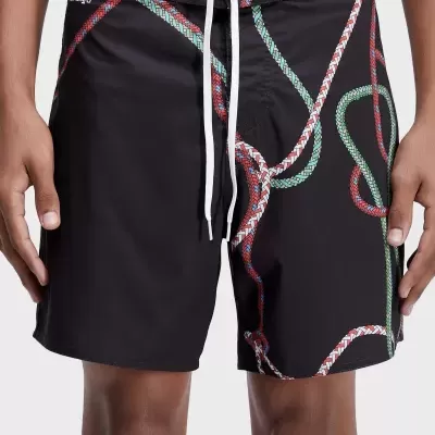 Calções de banho pretos com padrão colorido de cordas e cordão branco na cintura