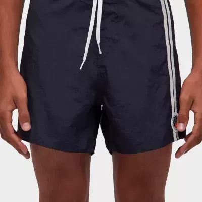 Calções de banho masculinos pretos com riscas brancas laterais e cordão branco