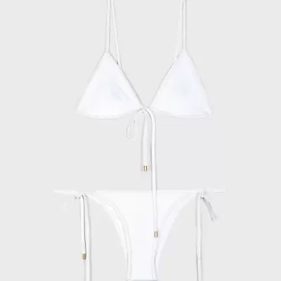 Biquíni branco com top cortininha e cueca de amarrar nas laterais