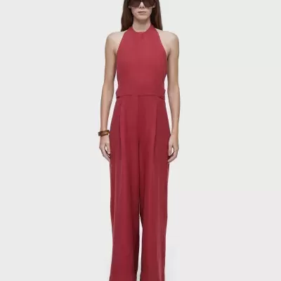 Macacão vermelho feminino decote halter com perna reta