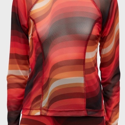 Blusa transparente com padrão ondulado vermelho e laranja