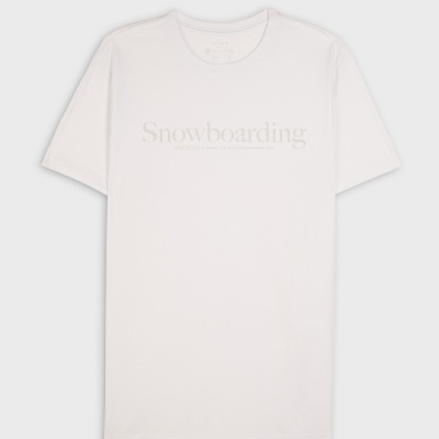 T-shirt branca de algodão com texto 'Snowboarding' cinzento claro