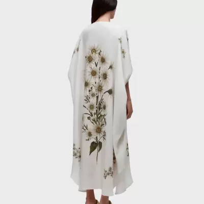 Vestido comprido branco com flores e sandálias bege usado por mulher de costas