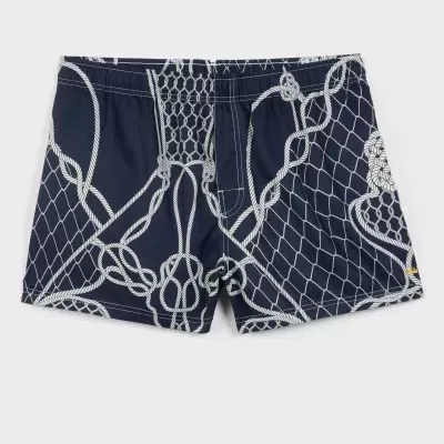 Calções de banho azuis escuros com padrão de cordas e redes brancas