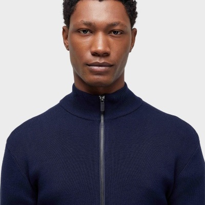 Casaco malha azul escuro com fecho zip frontal