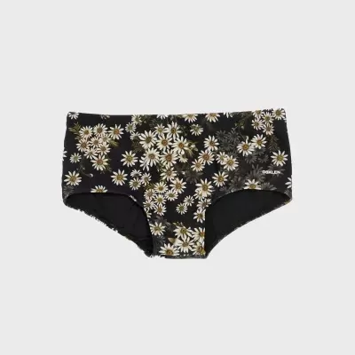 Cueca de banho preta com padrão de flores brancas e amarelas.