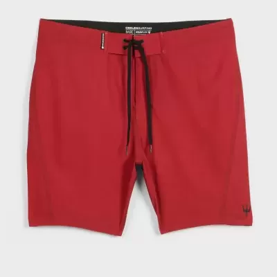 Calções de banho vermelhos com cordão preto e símbolo preto de tridente