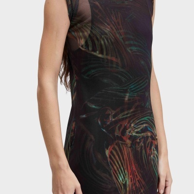 Vestido malha transparente preta com padrão abstrato colorido