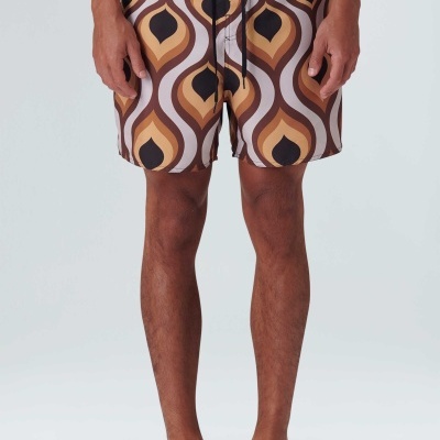 Calções de banho masculinos com padrão geométrico castanho e bege