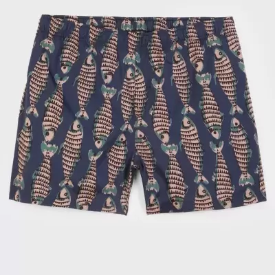 Calções de banho com padrão de peixes azul escuro e bege