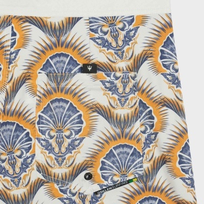 Calções de banho estampados azul e laranja com bolso e etiquetas