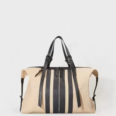 Mala de viagem em tecido cru com riscas pretas e alças de couro preto