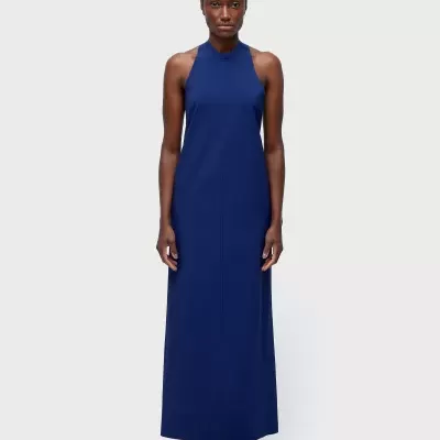 Vestido comprido azul escuro com decote halter