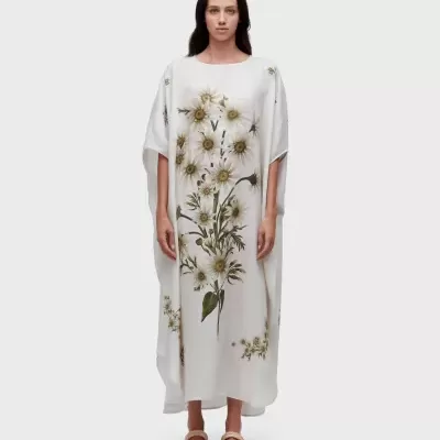Vestido comprido branco com estampado floral usado por mulher e sandálias claras