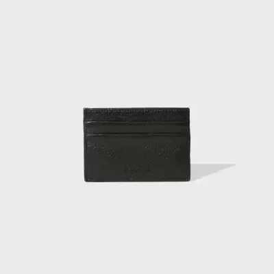 Porta-cartões em pele preta com inscrição PRADA MILANO