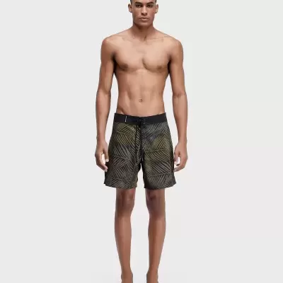 Calções de banho masculinos com padrão de folhas verdes e pretas