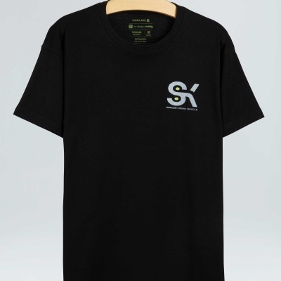 T-shirt preta de algodão com logótipo ASX branca e amarela no peito