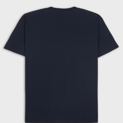 T-shirt azul escura de costas, em fundo branco