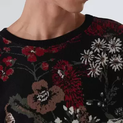 Camisola preta com padrão floral colorido e gola redonda