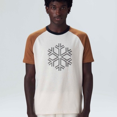 T-shirt branca com mangas castanhas e padrão de floco de neve cinzento no peito